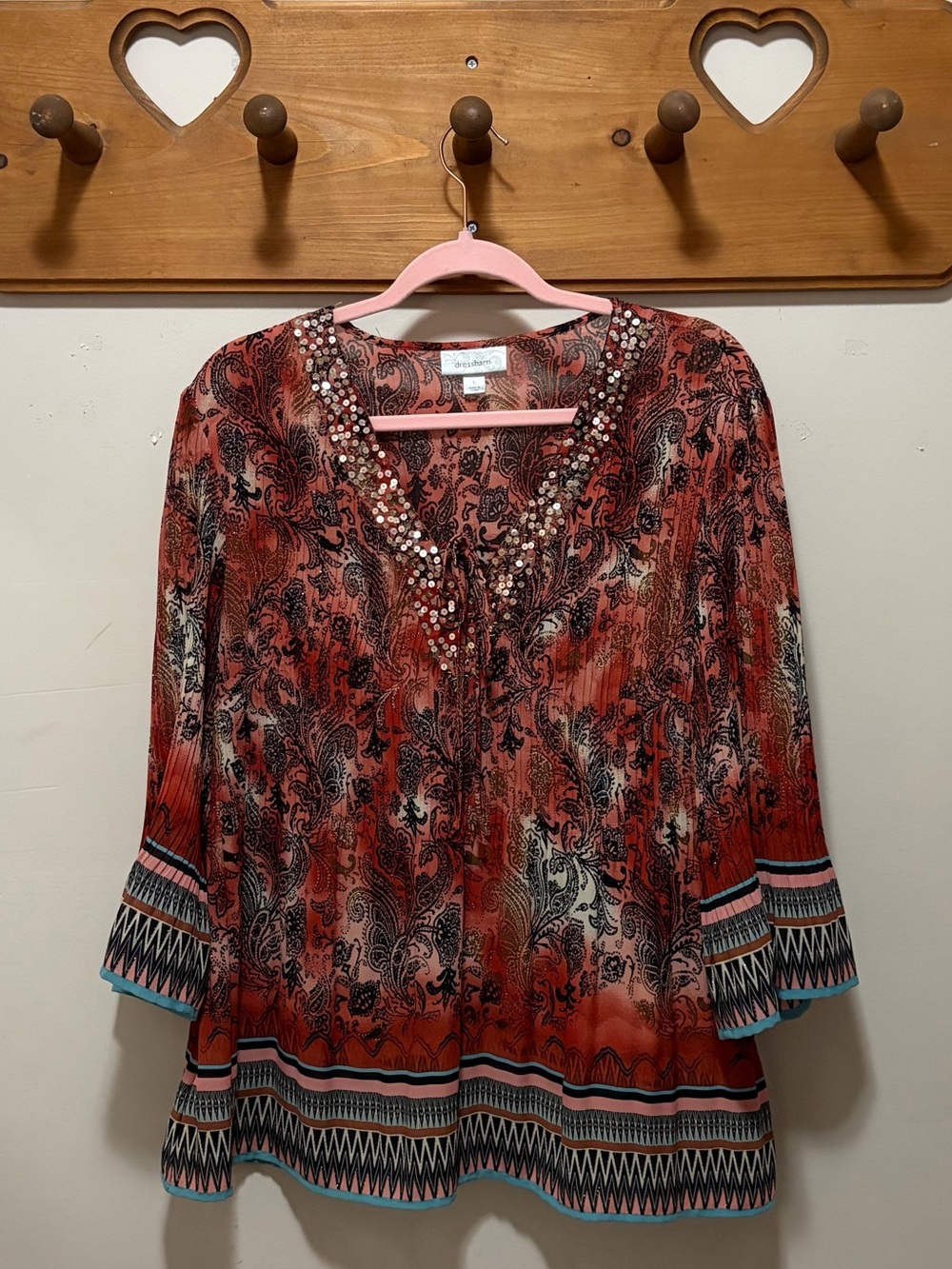 Dressbarn Paisley Sequin Boho Tunic Blouse Rust Black Women’s L